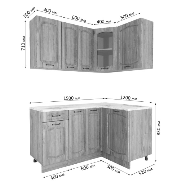 Кухонный гарнитур угловой Равенна Сосна лофт / Дуб светлый (столеш Луанда+сушка+планка) 1,5м