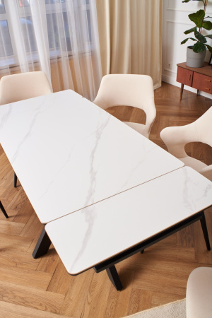 Стол Сумо-1С NEW 110х70 (+25+25) (царга Чёрный/МДФ+PVC Чёрный/White marble),нога №125Q черный